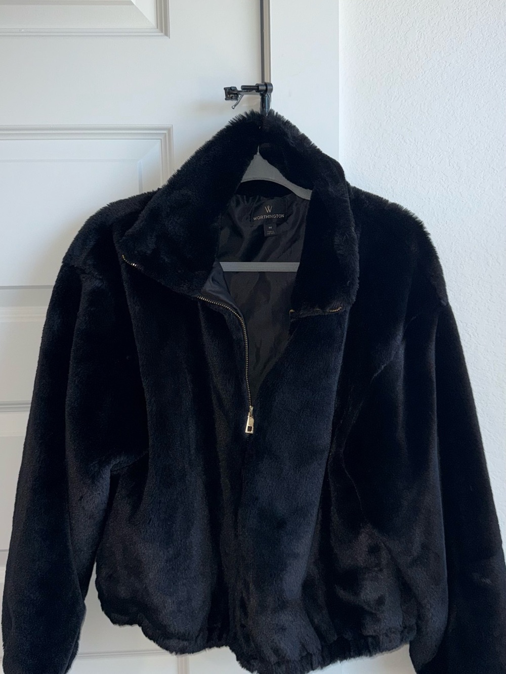Worthington Black Plush Faux-Fur Bomber Jacket